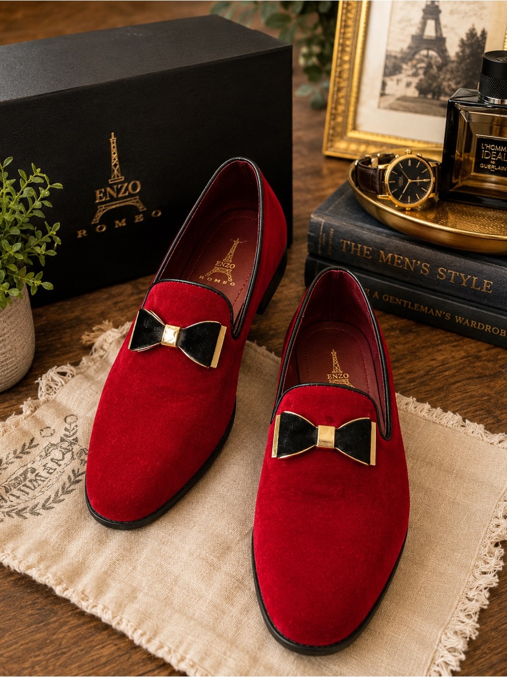 Enzo Romeo Sparko 23 Red Velvet Bow Smoking Loafers Men’s 7.5